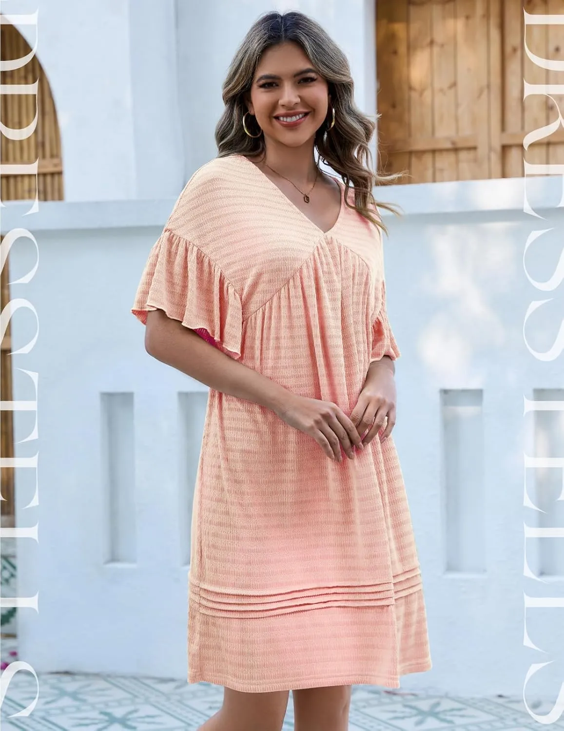 DRESSTELLS Womens Casual Dresses 2025 Spring Flowy Aline V Neck Ruffle T Shirt Summer Dress