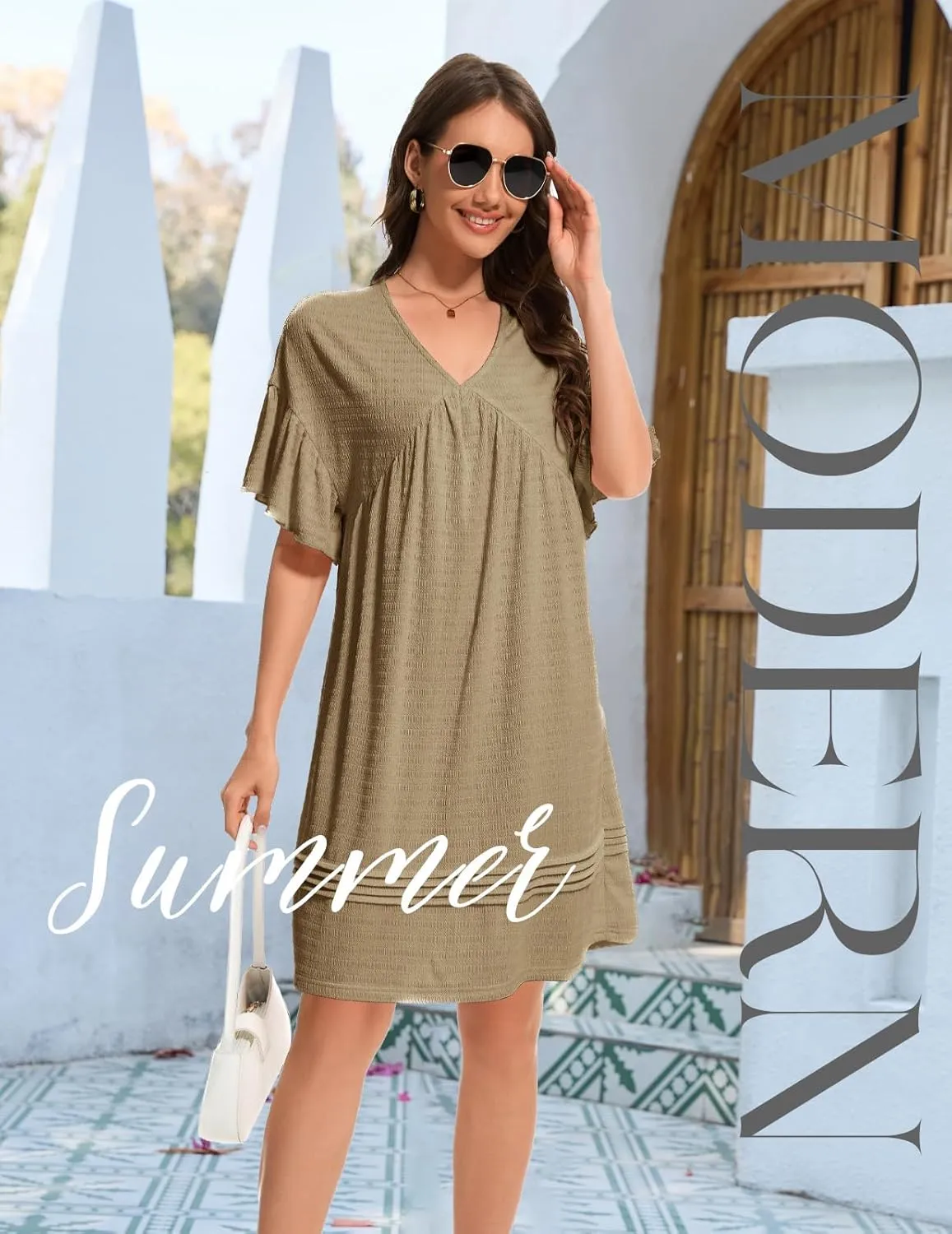 DRESSTELLS Womens Casual Dresses 2025 Spring Flowy Aline V Neck Ruffle T Shirt Summer Dress