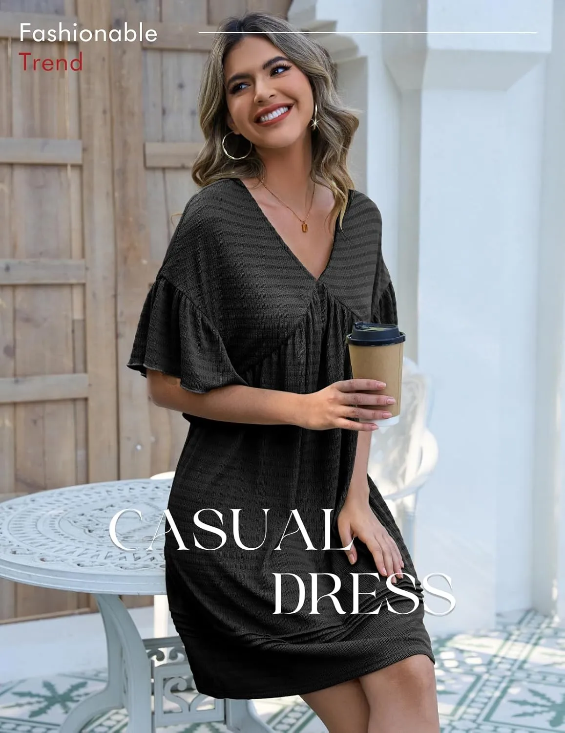 DRESSTELLS Womens Casual Dresses 2025 Spring Flowy Aline V Neck Ruffle T Shirt Summer Dress