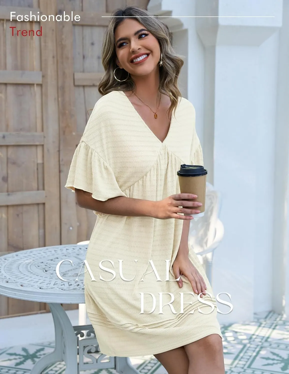 DRESSTELLS Womens Casual Dresses 2025 Spring Flowy Aline V Neck Ruffle T Shirt Summer Dress
