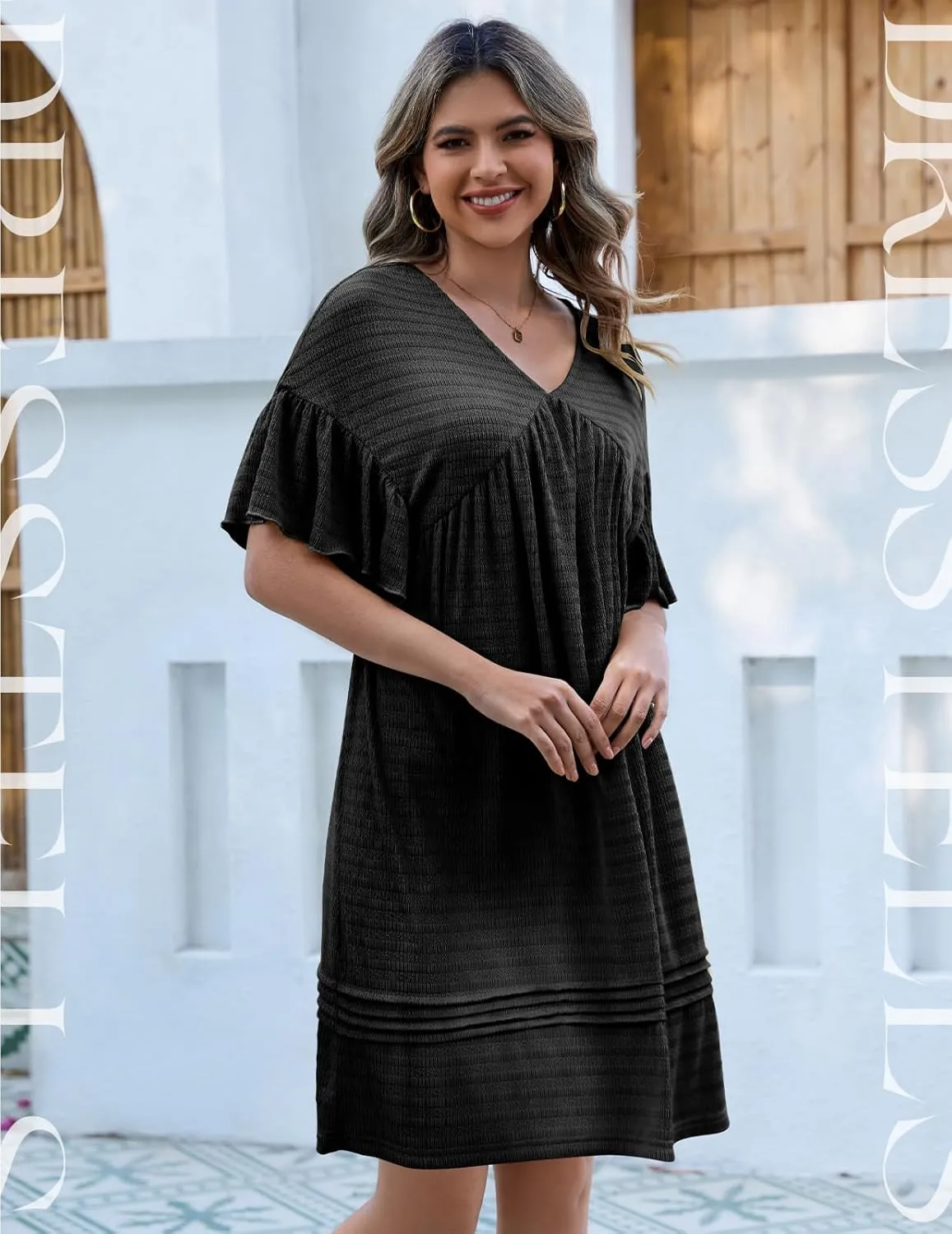 DRESSTELLS Womens Casual Dresses 2025 Spring Flowy Aline V Neck Ruffle T Shirt Summer Dress