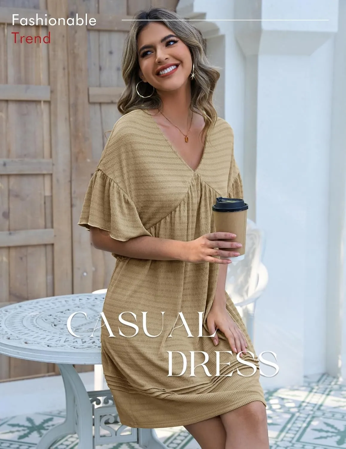 DRESSTELLS Womens Casual Dresses 2025 Spring Flowy Aline V Neck Ruffle T Shirt Summer Dress
