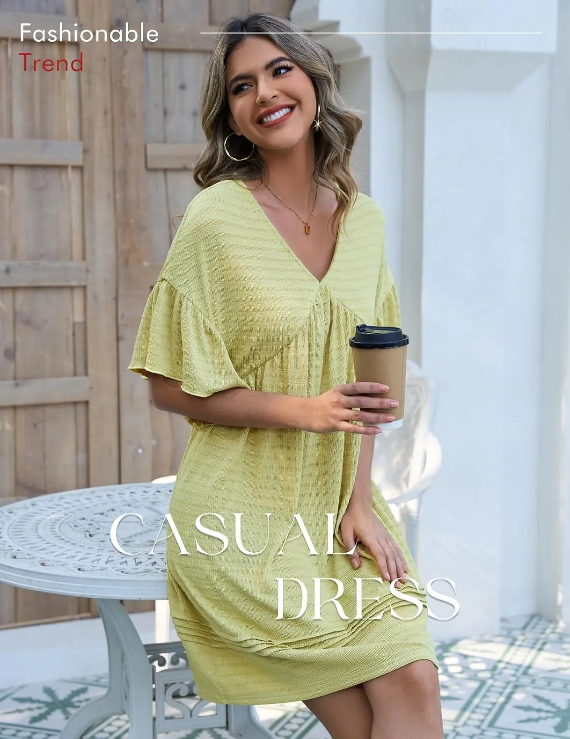 DRESSTELLS Womens Casual Dresses 2025 Spring Flowy Aline V Neck Ruffle T Shirt Summer Dress