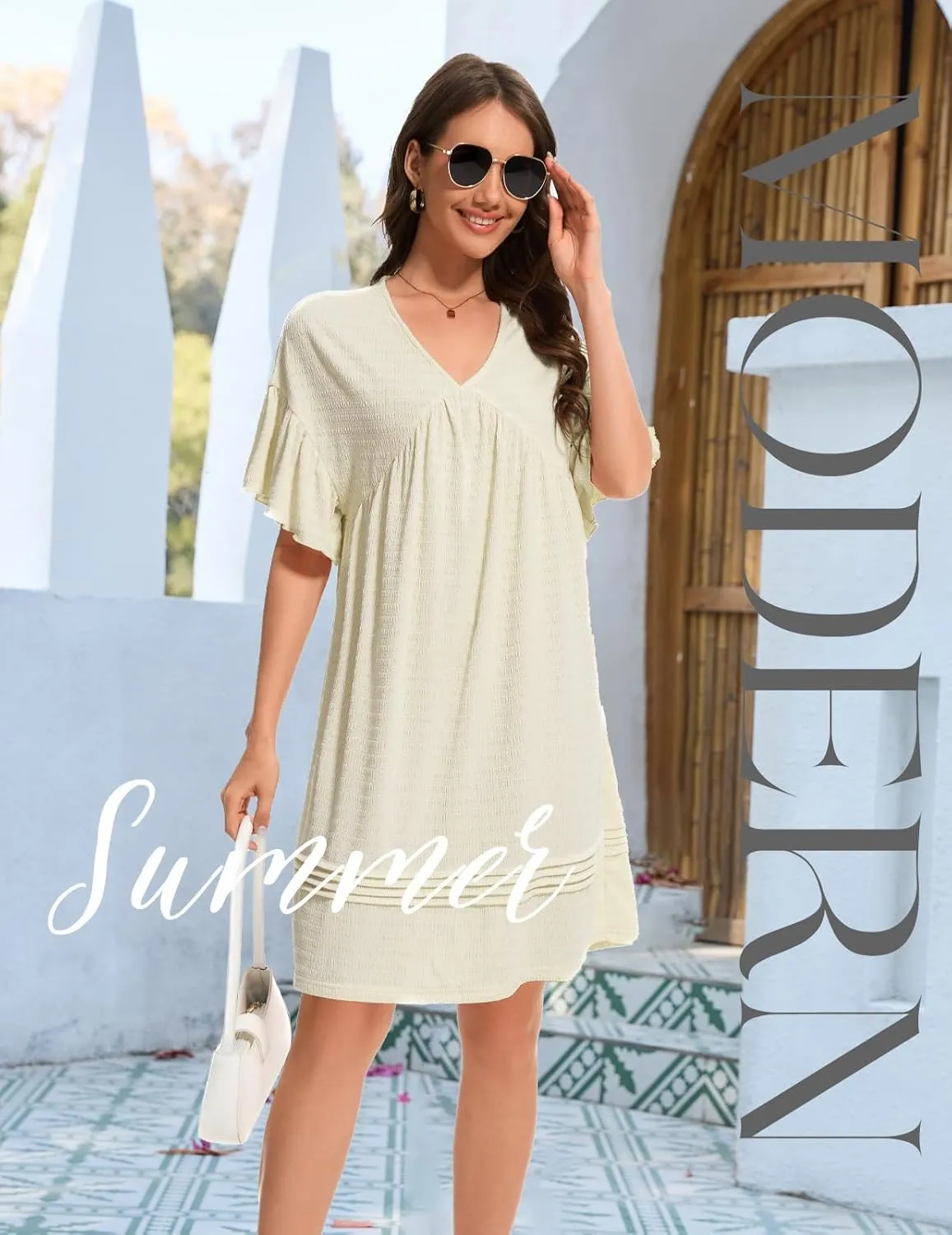 DRESSTELLS Womens Casual Dresses 2025 Spring Flowy Aline V Neck Ruffle T Shirt Summer Dress