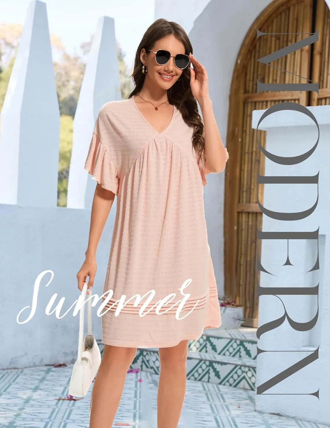 DRESSTELLS Womens Casual Dresses 2025 Spring Flowy Aline V Neck Ruffle T Shirt Summer Dress