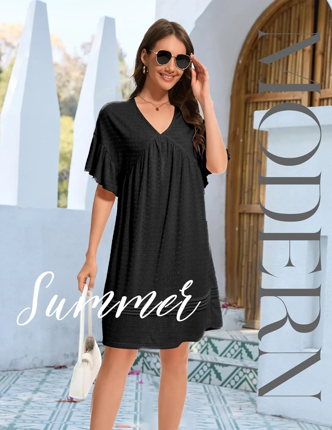 DRESSTELLS Womens Casual Dresses 2025 Spring Flowy Aline V Neck Ruffle T Shirt Summer Dress