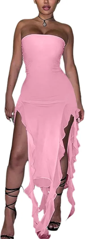 Ecirod Women Sexy Irregular Hem Strapless Tube Dress 3D Mesh Ruffle Tassel Bodycon Party Long Dresses