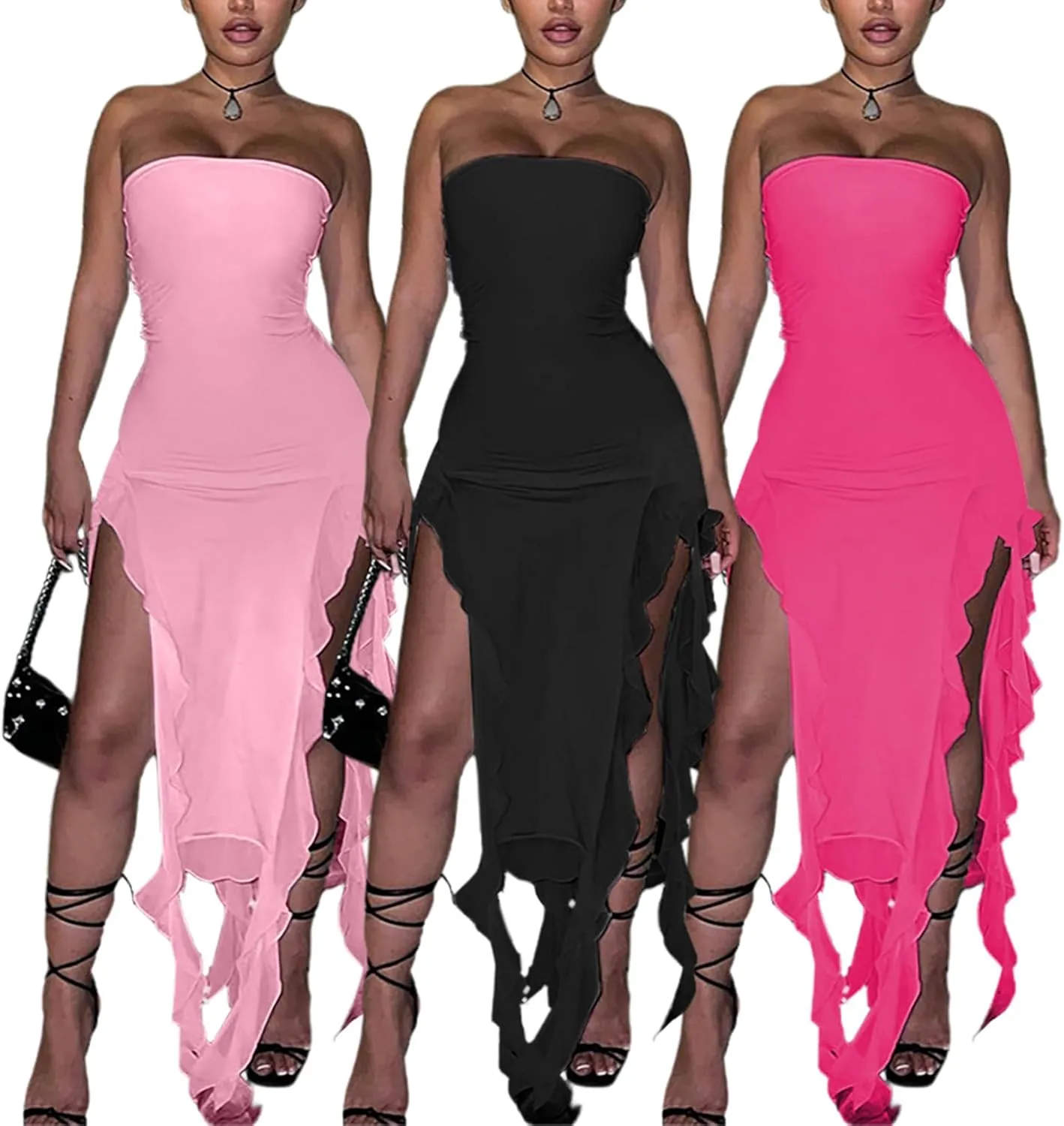 Ecirod Women Sexy Irregular Hem Strapless Tube Dress 3D Mesh Ruffle Tassel Bodycon Party Long Dresses