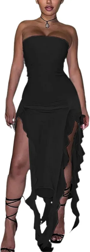Ecirod Women Sexy Irregular Hem Strapless Tube Dress 3D Mesh Ruffle Tassel Bodycon Party Long Dresses