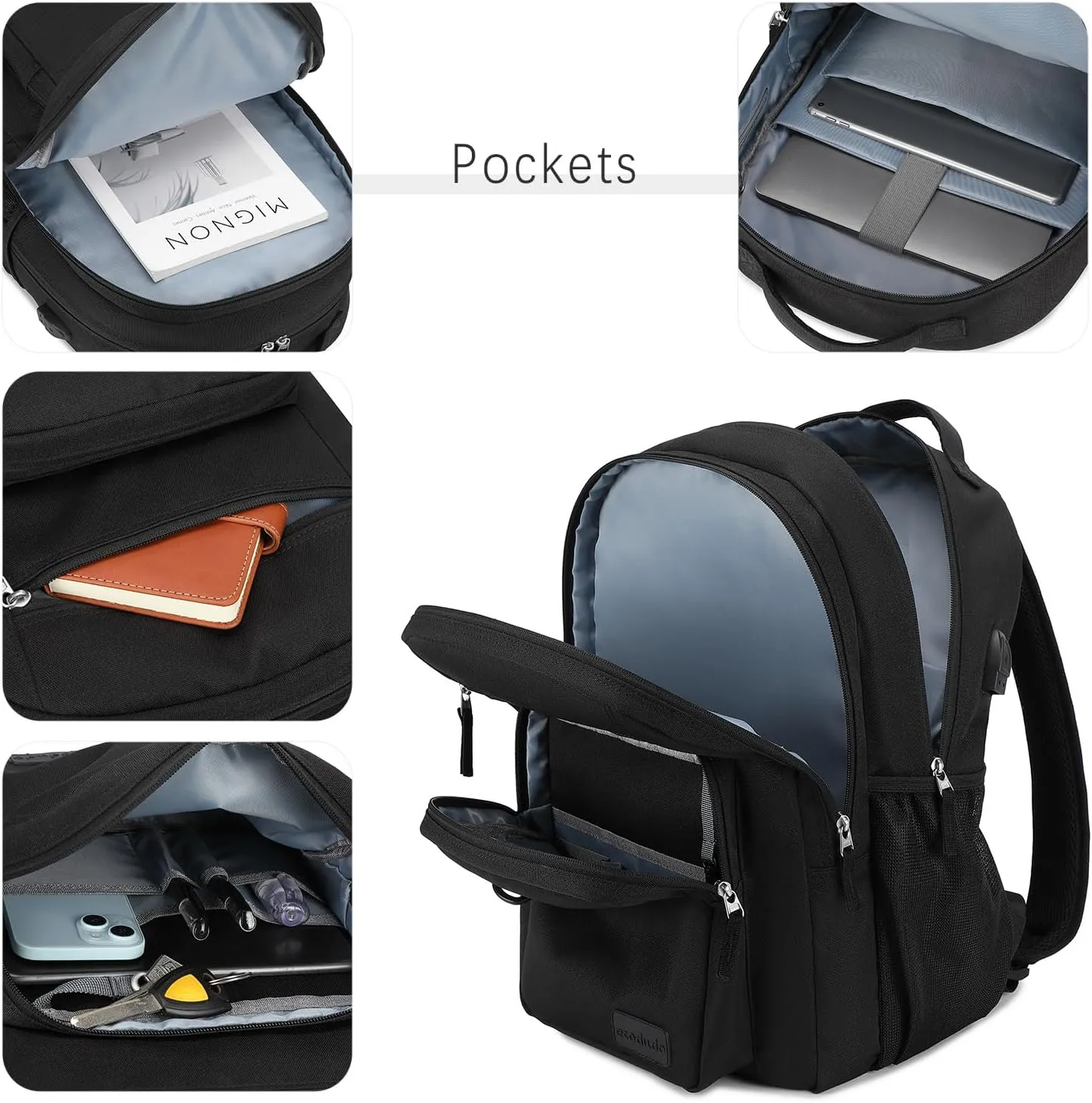 ecodudo Lightweight Black Backpack for Men Casual School Backpacks for College Work15.6 inch Laptop Bookbag with USB Charging Port