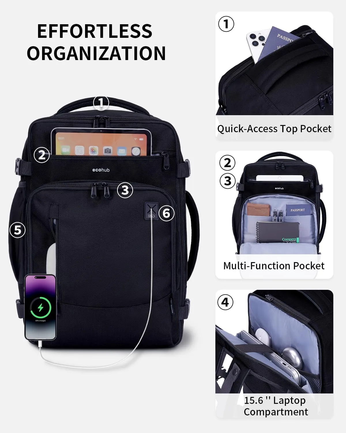 ECOHUB 17" Small Travel Backpack, United Airlines Personal Item Bag 17x10x9 with 16 Pockets, Water Resistant Rucksacks Fit 15.6" Laptop, AirTag Pocket, Lightweight Casual Daypack, 25L, Black