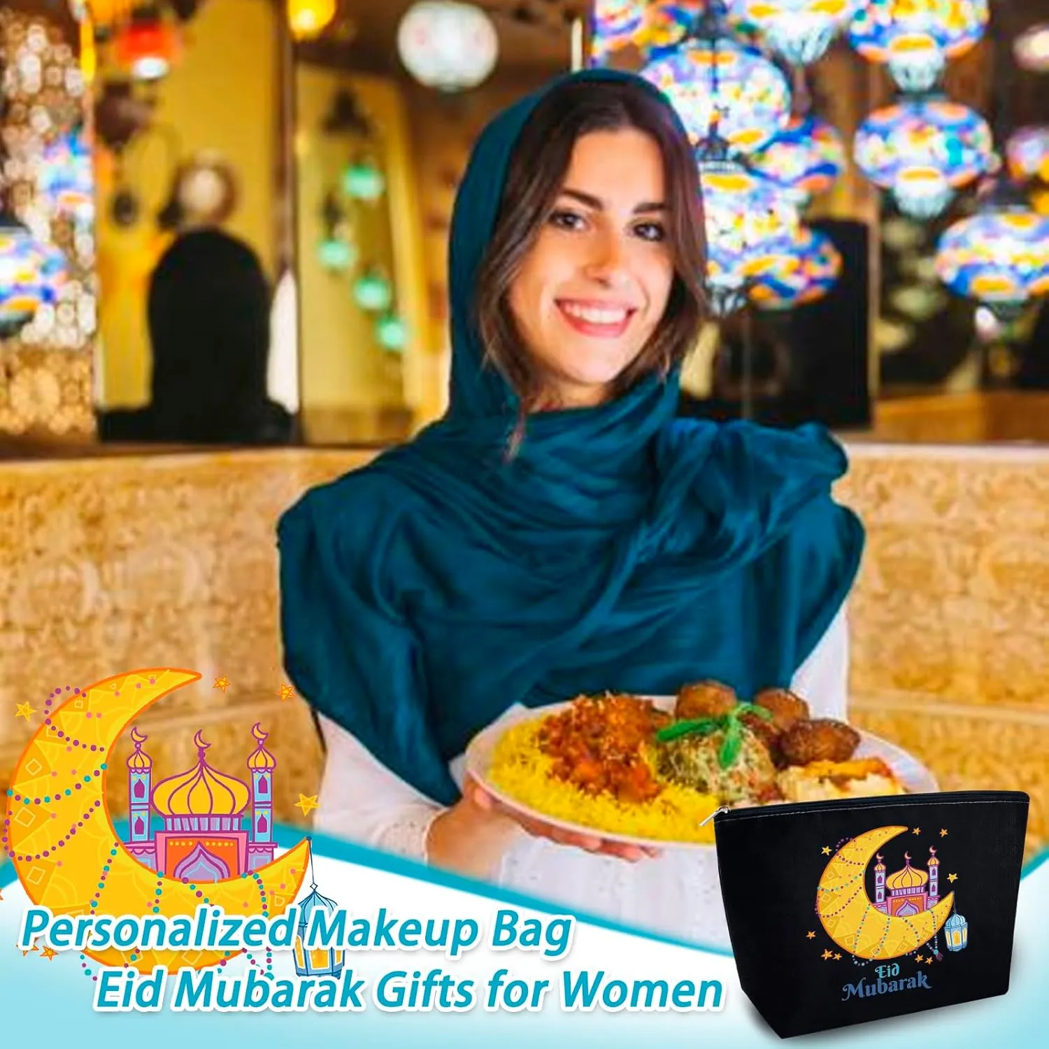 Eid Gifts for Women Eid Mubarak Gift Bags Ramadan Gifts for Women Ramadan Gift Makeup Bag for Muslim Supplies Al Fitr Party Decoration Mubarak Make Up Bag Stars Cosmetic Pouch