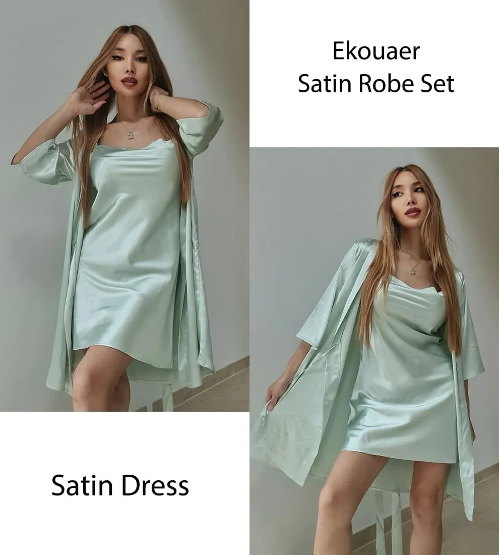 Ekouaer Women's Satin Robe Set Nightgown with Robes Silk Pajama Set 2 Pieces Lingerie Cowl Neck Cami Sleepwear Sets