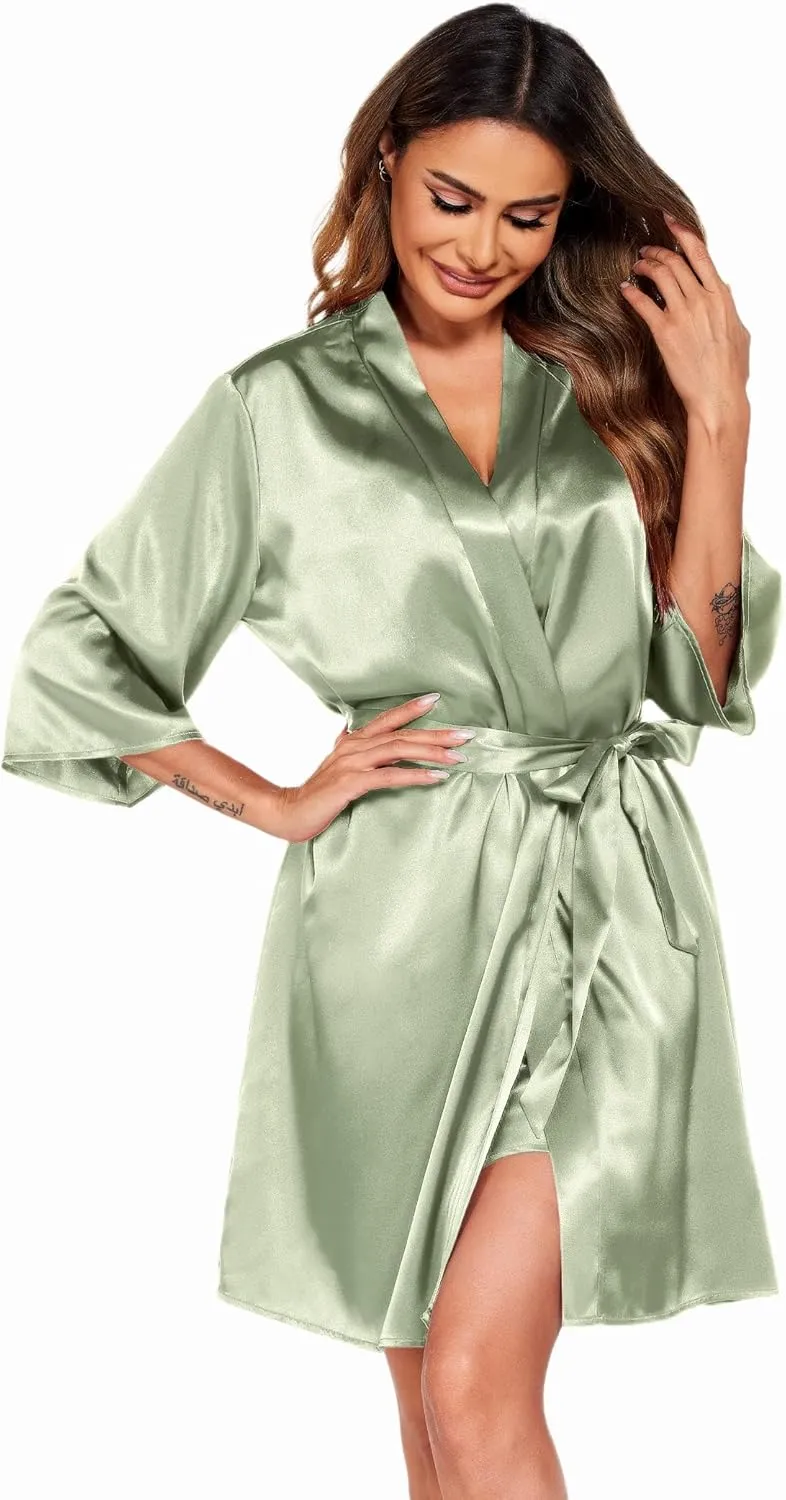 Ekouaer Women's Satin Robe Set Nightgown with Robes Silk Pajama Set 2 Pieces Lingerie Cowl Neck Cami Sleepwear Sets