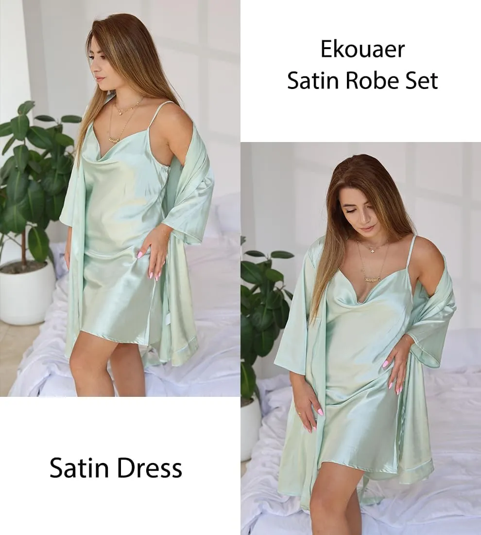 Ekouaer Women's Satin Robe Set Nightgown with Robes Silk Pajama Set 2 Pieces Lingerie Cowl Neck Cami Sleepwear Sets