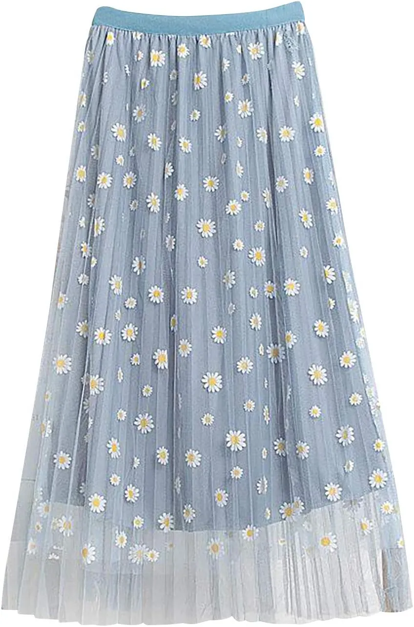 Elastic Waist skirts for women midi length Big Swing A-LineTulle Skirt skirts for women trendy Floral Pleated Mesh Overlay