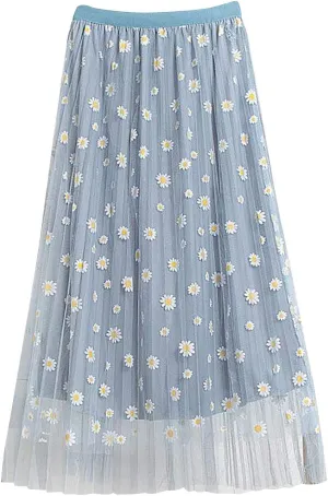 Elastic Waist skirts for women midi length Big Swing A-LineTulle Skirt skirts for women trendy Floral Pleated Mesh Overlay