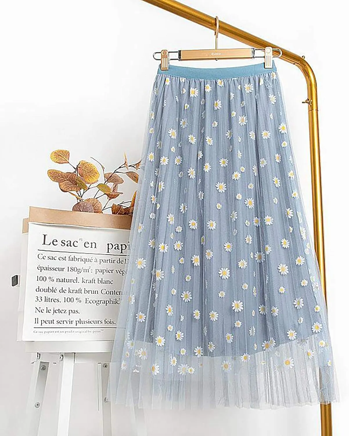 Elastic Waist skirts for women midi length Big Swing A-LineTulle Skirt skirts for women trendy Floral Pleated Mesh Overlay