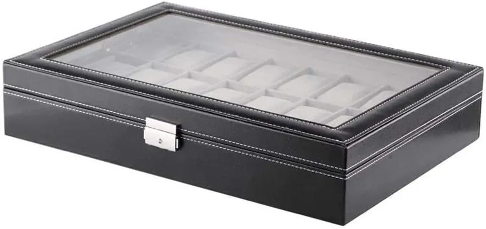 Elegant Large Watch Box Organizer for Men Women with 24 Slots, Transparent top, Portable Leather Watch Holder Mens Watches Case Storage Best Gift for The Husband, (Black,43x 30 x 8cm)