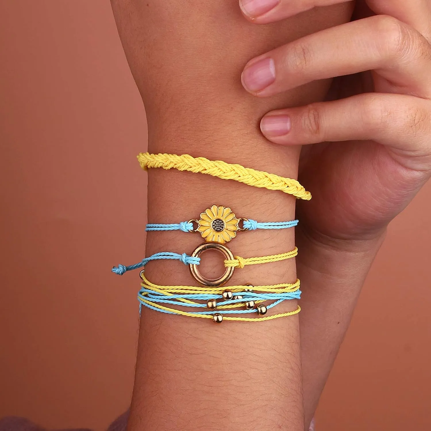 FANCY SHINY Sunflower String Bracelet Handmade Braided Rope Charms Boho Surfer Bracelet for Women Easter Gifts