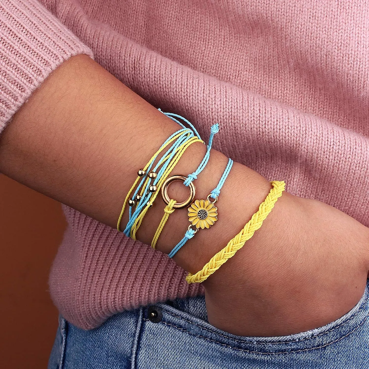 FANCY SHINY Sunflower String Bracelet Handmade Braided Rope Charms Boho Surfer Bracelet for Women Easter Gifts