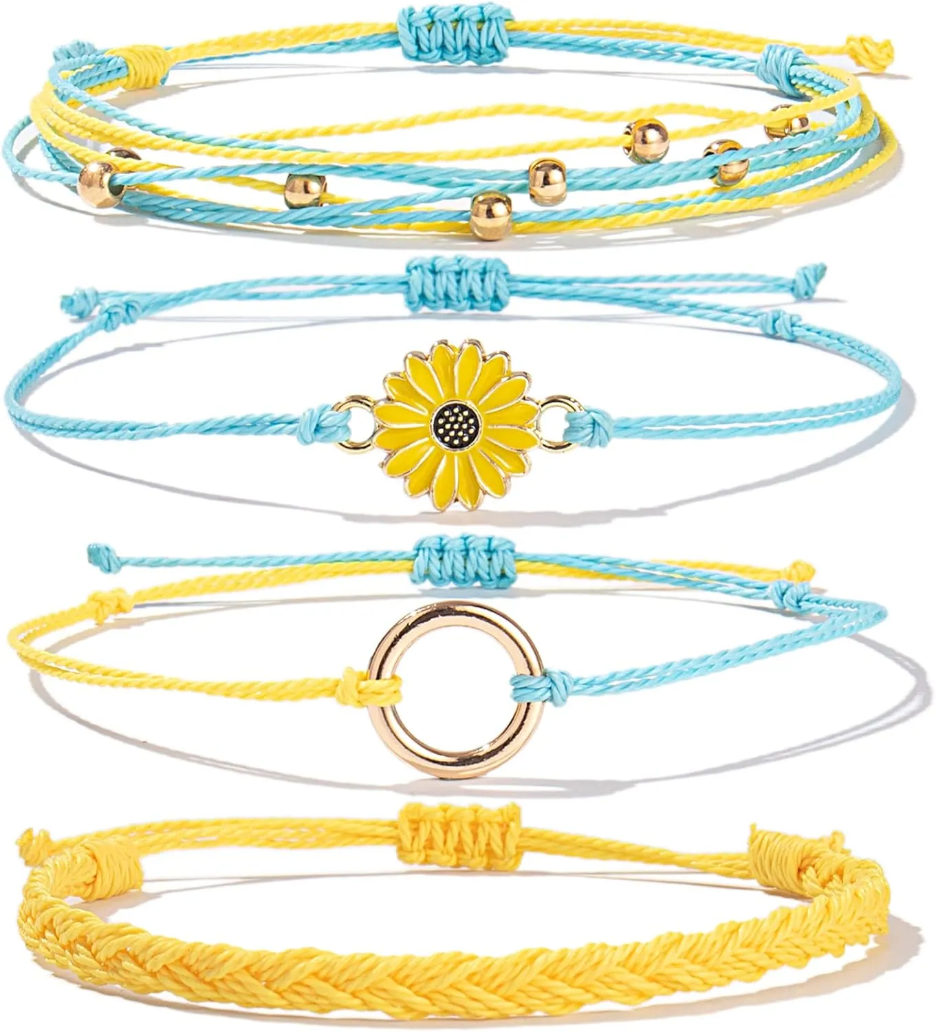 FANCY SHINY Sunflower String Bracelet Handmade Braided Rope Charms Boho Surfer Bracelet for Women Easter Gifts