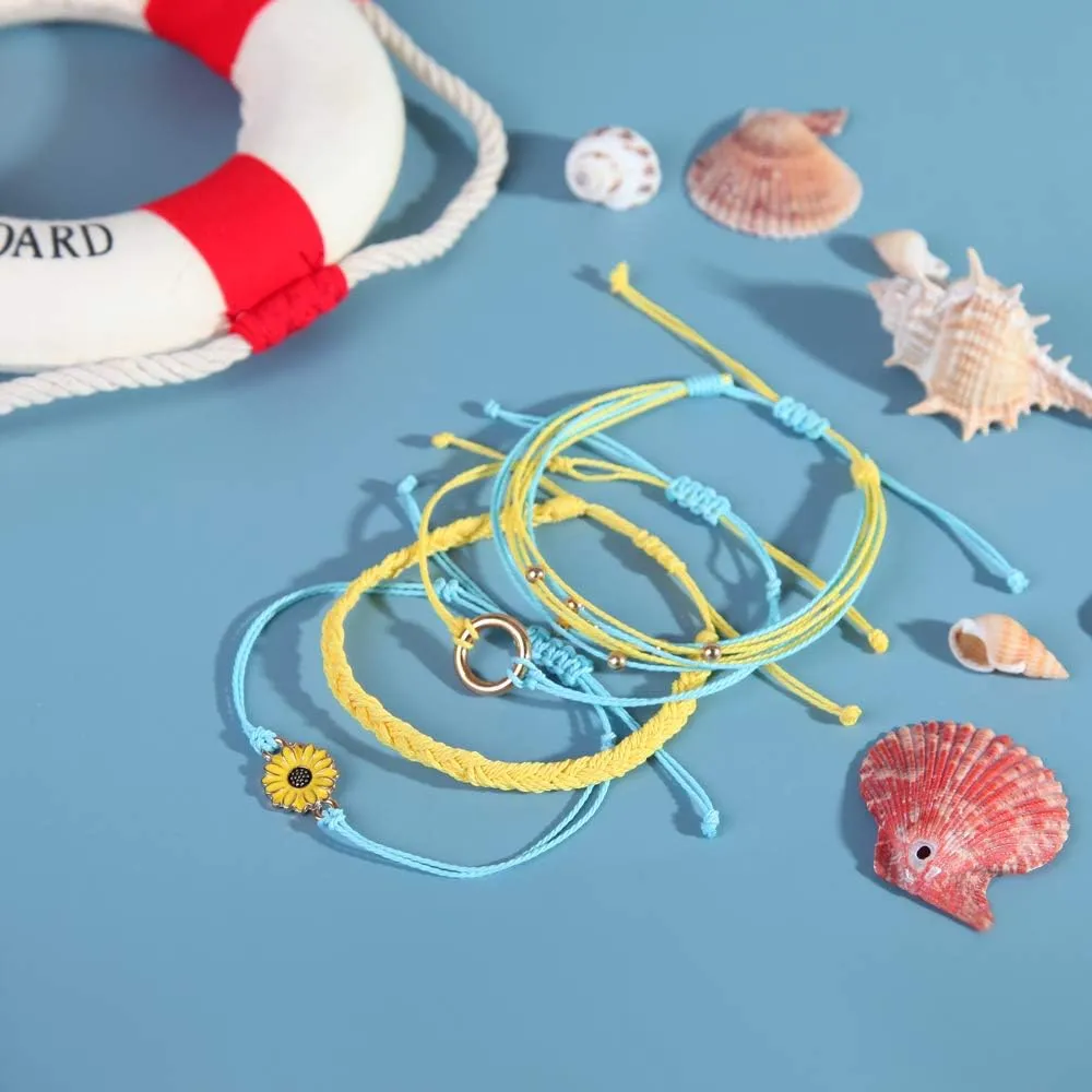 FANCY SHINY Sunflower String Bracelet Handmade Braided Rope Charms Boho Surfer Bracelet for Women Easter Gifts
