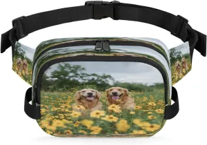 Fanny Pack for Women Men Unisex, Golden Retrievers Dog Flower Waist Packs Casual Crossbody Belt Bags with Adjustable Strap for Sports Running Hiking