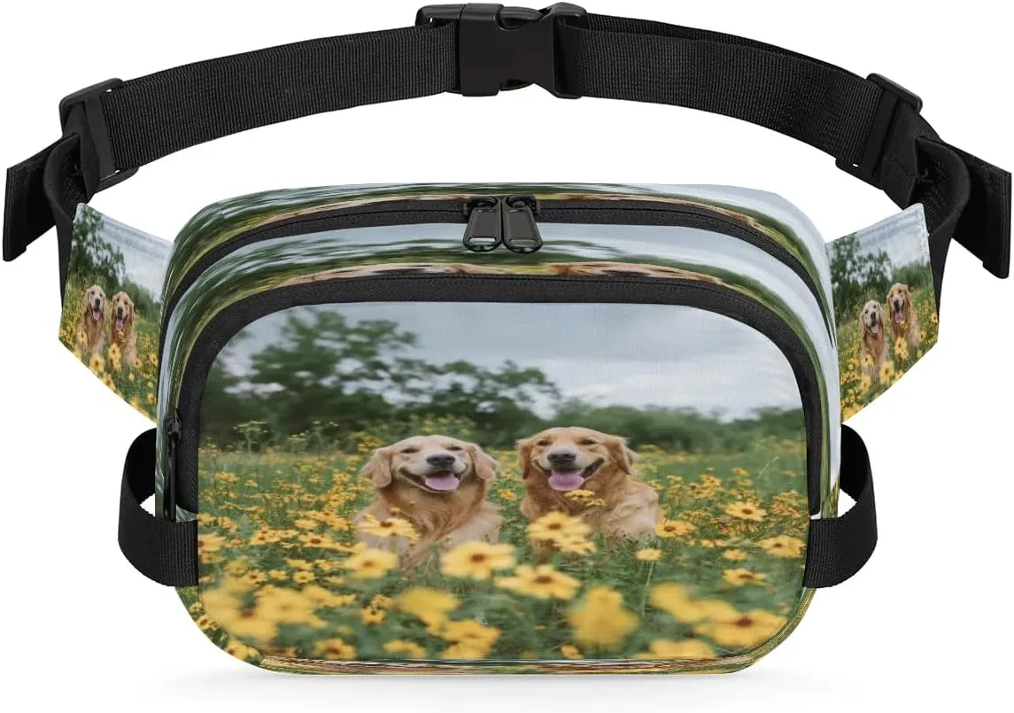 Fanny Pack for Women Men Unisex, Golden Retrievers Dog Flower Waist Packs Casual Crossbody Belt Bags with Adjustable Strap for Sports Running Hiking