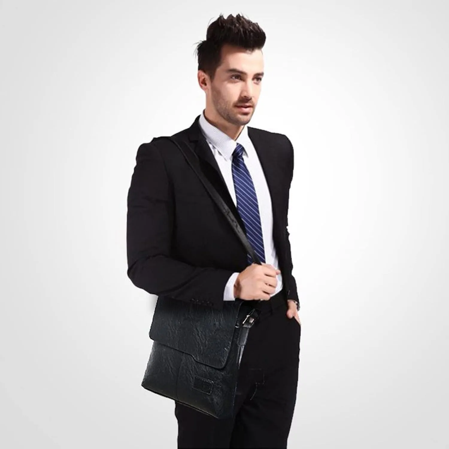 Fashion Men Shoulder Bag Trend Leather Bag Briefcase Clutch Backpack Vertical Trend Handbags for Women (Black, One Size)