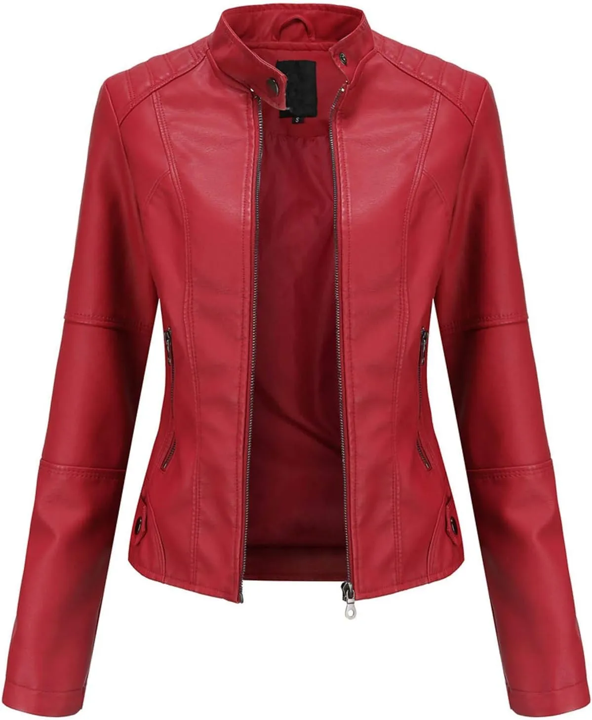 Faux Leather Jacket Women Slim Fit Full Zip Jacket Y2k Motorcycle Moto Biker Outwear Coat Stand-Up Style Solid Jacket