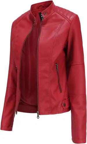 Faux Leather Jacket Women Slim Fit Full Zip Jacket Y2k Motorcycle Moto Biker Outwear Coat Stand-Up Style Solid Jacket