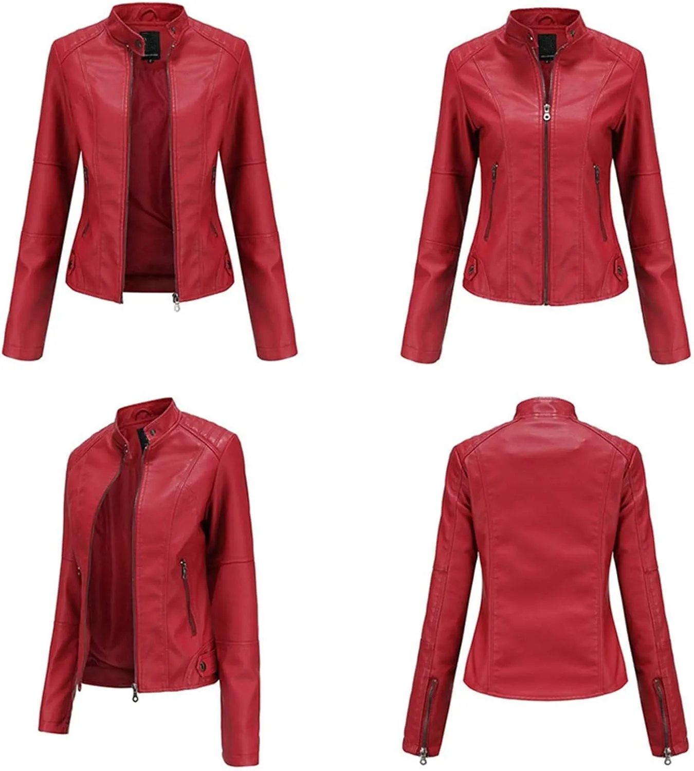 Faux Leather Jacket Women Slim Fit Full Zip Jacket Y2k Motorcycle Moto Biker Outwear Coat Stand-Up Style Solid Jacket