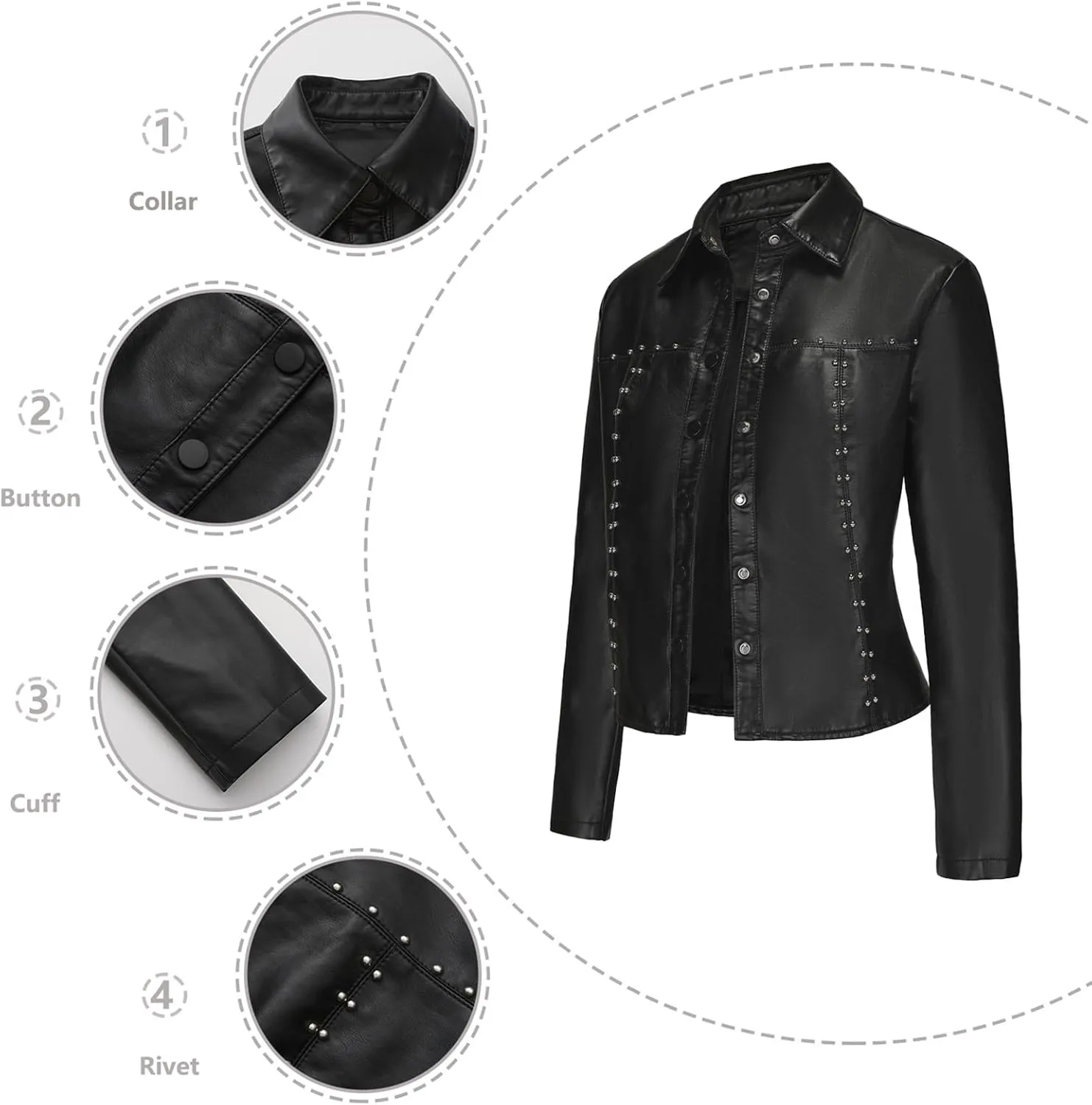 Faux Leather Jacket Women Studded Rivet Moto Biker Short Lapel Coat Leather Blazer Jackets for Spring Fall Fashion