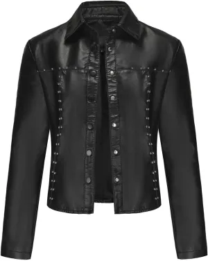 Faux Leather Jacket Women Studded Rivet Moto Biker Short Lapel Coat Leather Blazer Jackets for Spring Fall Fashion