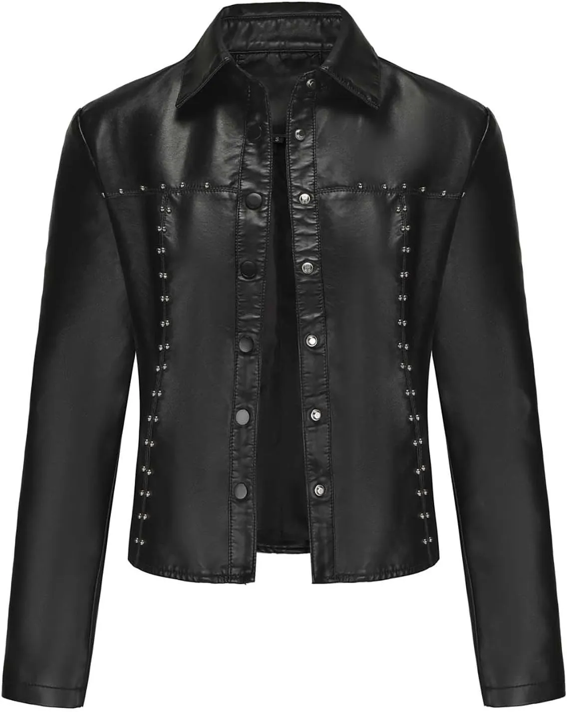 Faux Leather Jacket Women Studded Rivet Moto Biker Short Lapel Coat Leather Blazer Jackets for Spring Fall Fashion