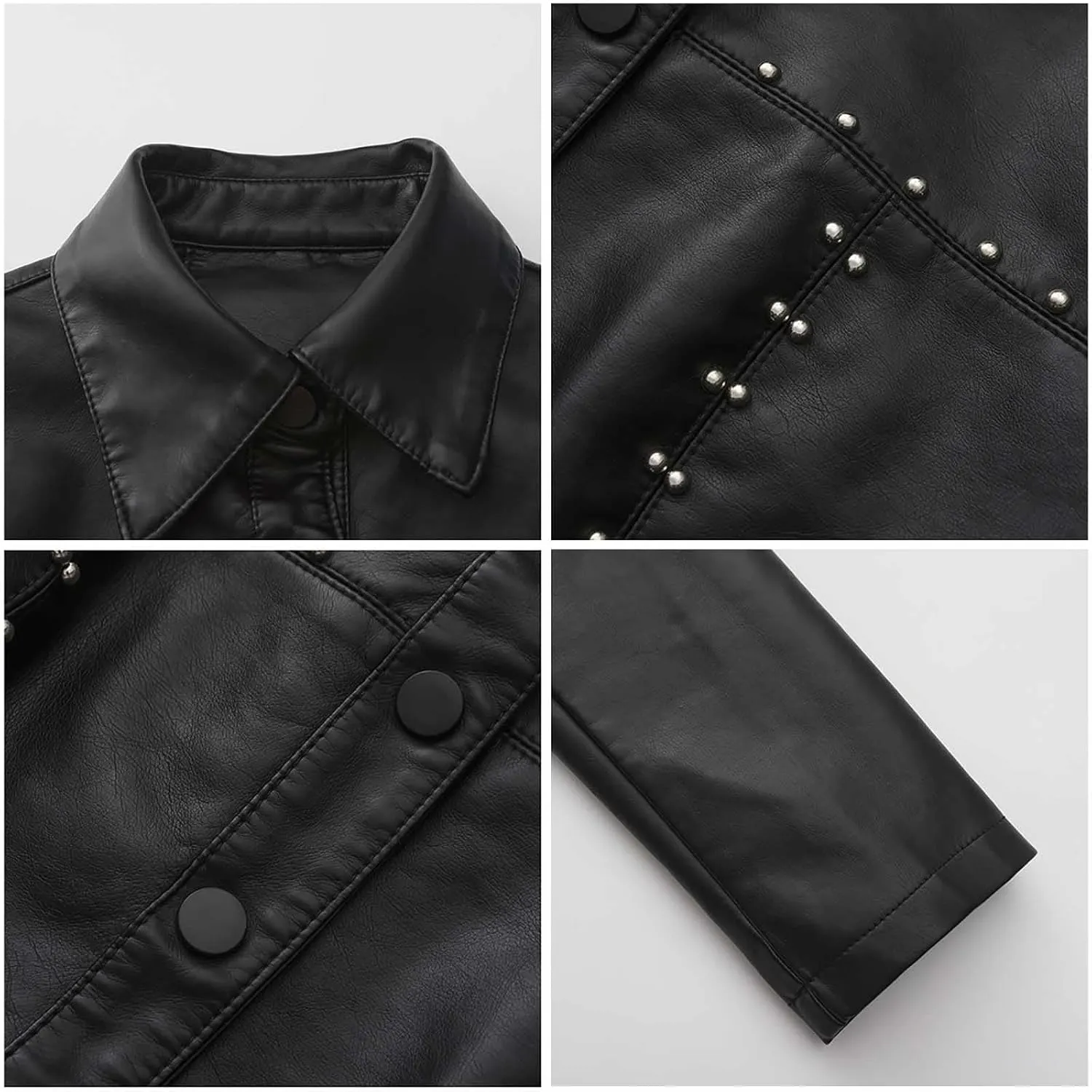 Faux Leather Jacket Women Studded Rivet Moto Biker Short Lapel Coat Leather Blazer Jackets for Spring Fall Fashion