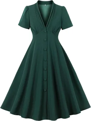 Firzero Women Vintage 1940s Dress Retro 40s 50s Button Business Work A Line Cocktail Dress Bowknot Long Sleeve Formal Dress