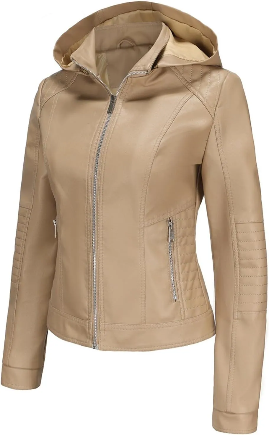 Firzero Women's Faux Leather Jacket Black Moto Biker Coats with Detachable Hood Zip Up Motorcycle Jackets Outwear