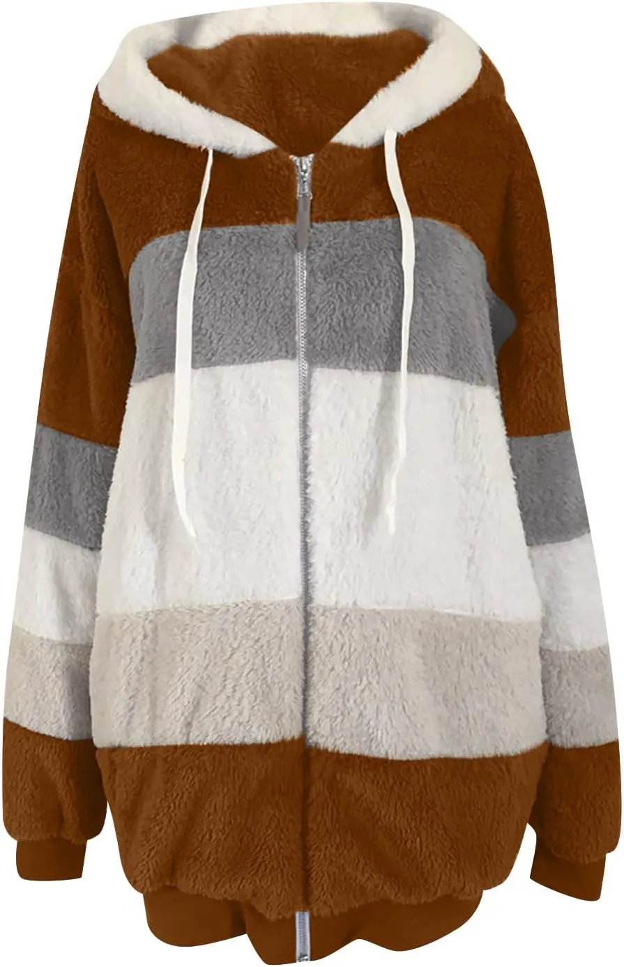 Firzero Women's Fuzzy Fleece Jacket Oversized Sherpa Fur Coat Long Sleeve Open Front Coats with Hood Fall Winter Outwear