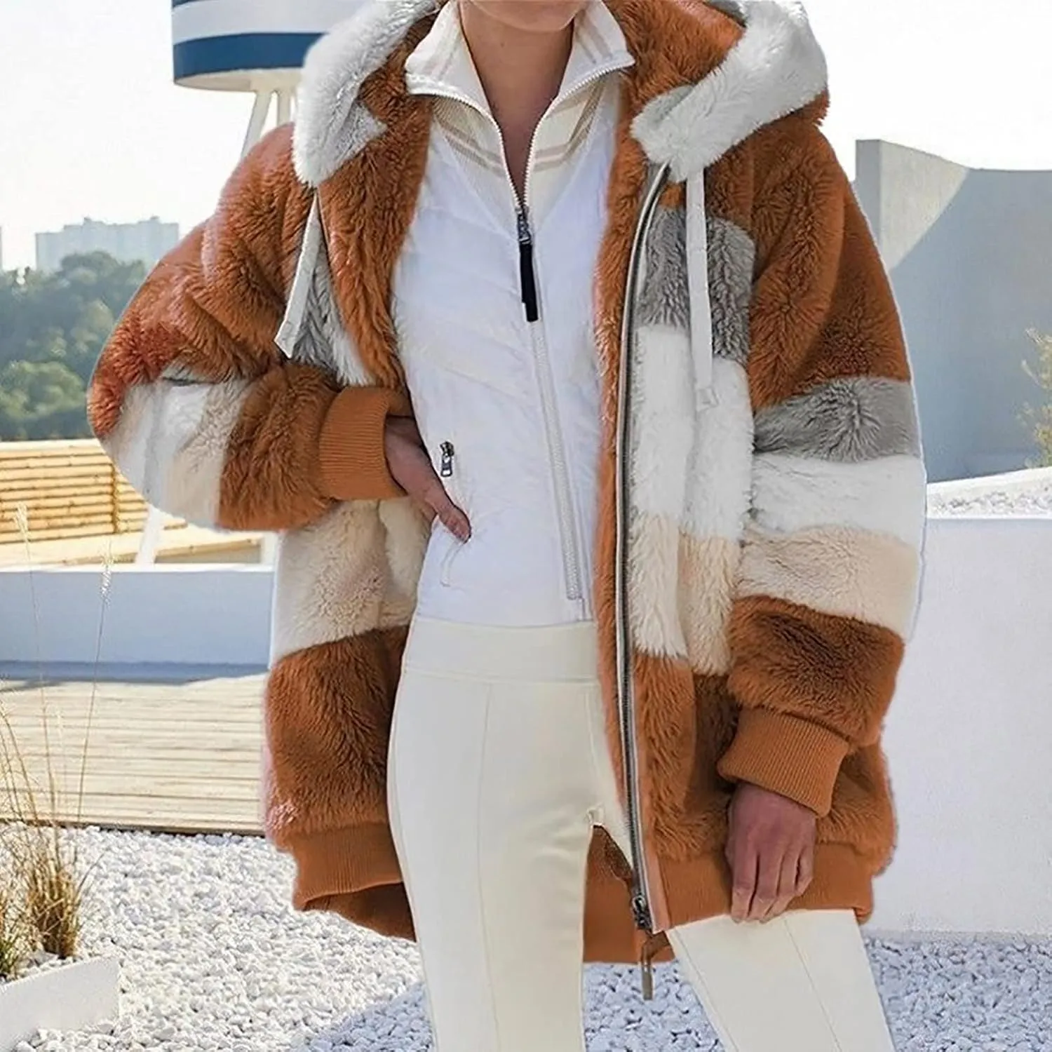 Firzero Women's Fuzzy Fleece Jacket Oversized Sherpa Fur Coat Long Sleeve Open Front Coats with Hood Fall Winter Outwear