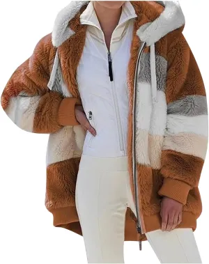 Firzero Women's Fuzzy Fleece Jacket Oversized Sherpa Fur Coat Long Sleeve Open Front Coats with Hood Fall Winter Outwear