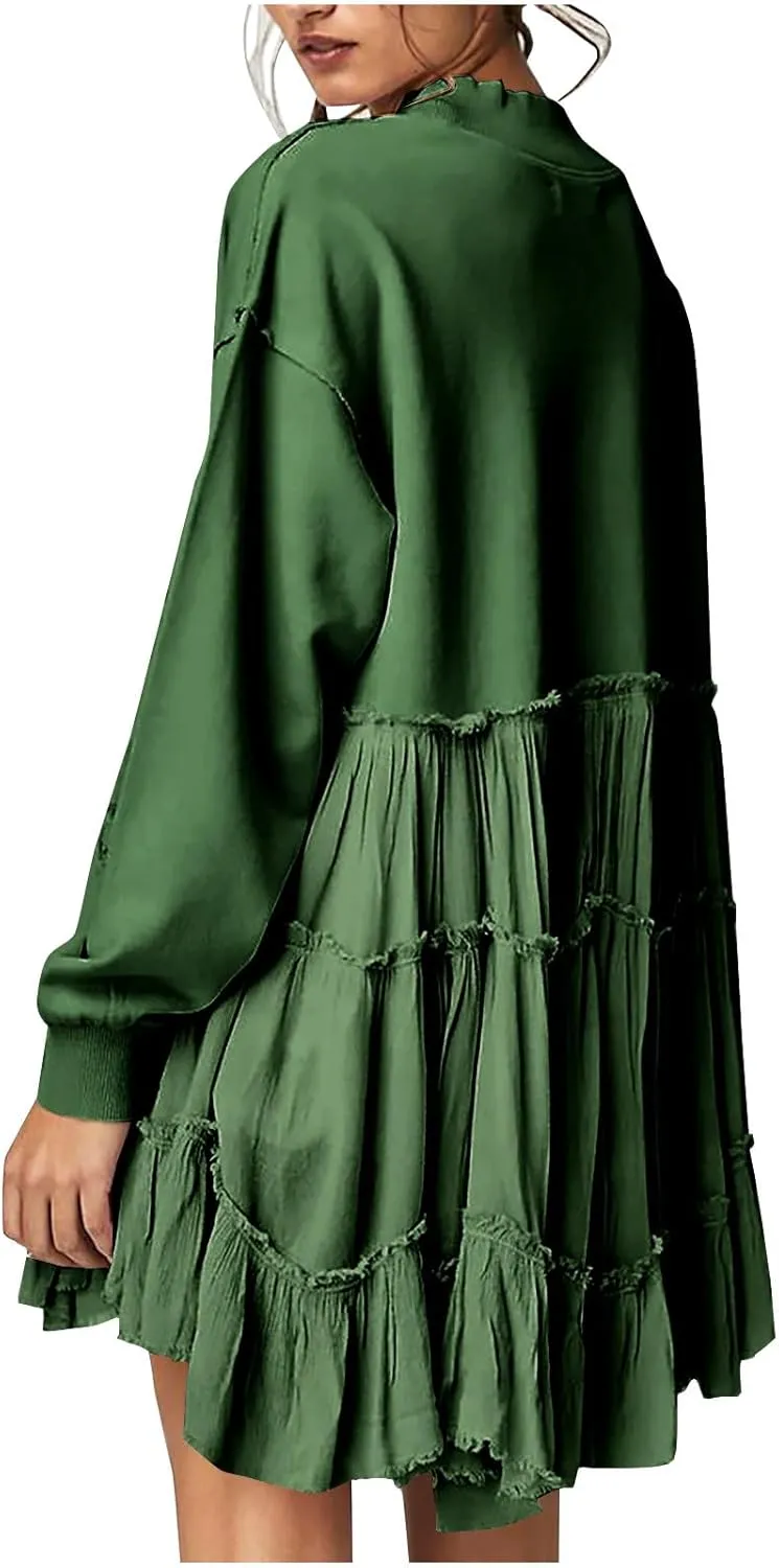 Firzero Womens Oversized Sweatshirt Dress Patchwork Long Sleeve Crewneck Pleated Mini Dresses 2024 Casual Pullover Tops