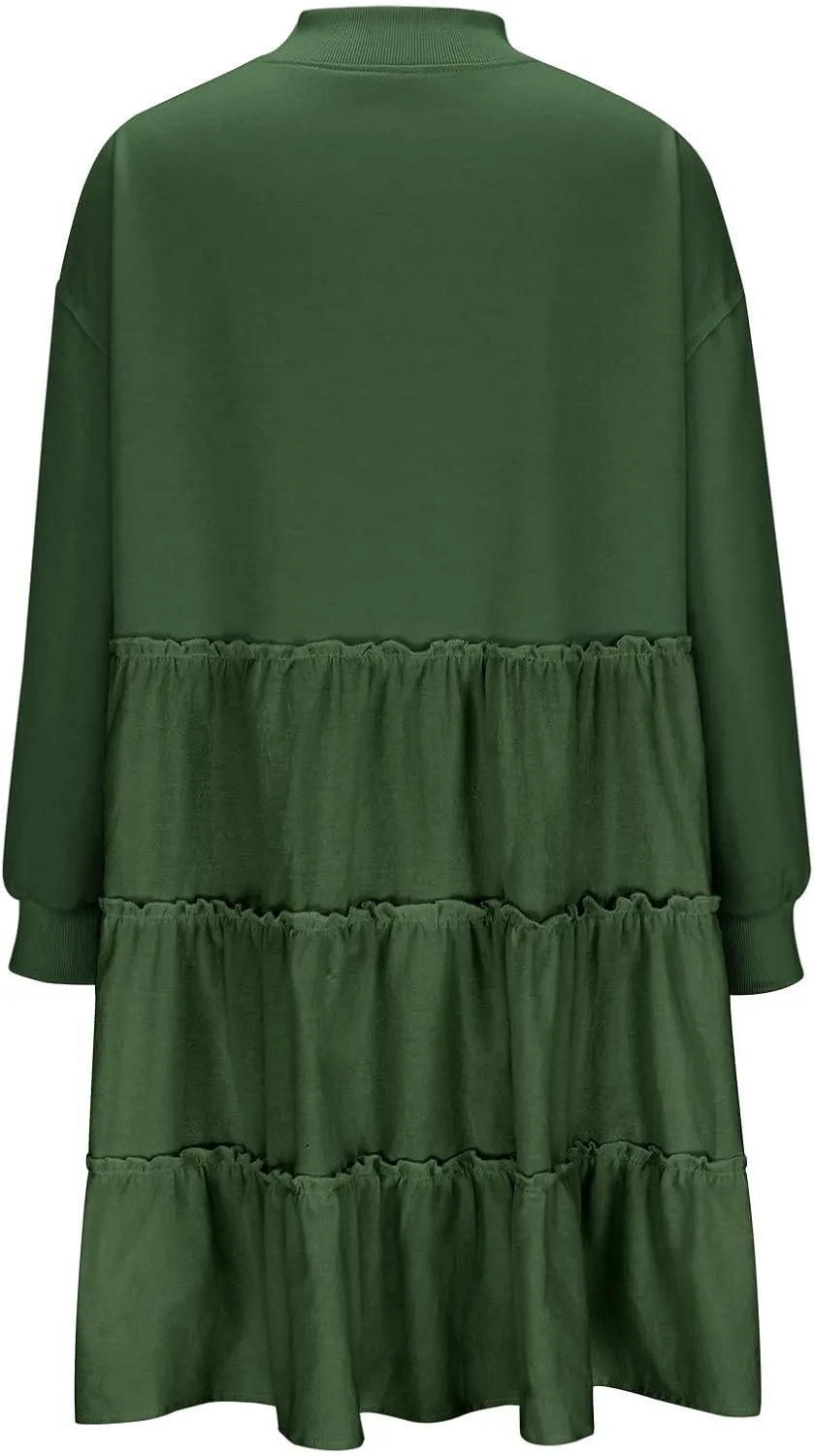 Firzero Womens Oversized Sweatshirt Dress Patchwork Long Sleeve Crewneck Pleated Mini Dresses 2024 Casual Pullover Tops