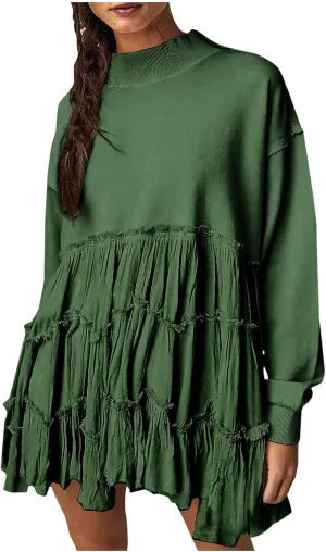 Firzero Womens Oversized Sweatshirt Dress Patchwork Long Sleeve Crewneck Pleated Mini Dresses 2024 Casual Pullover Tops