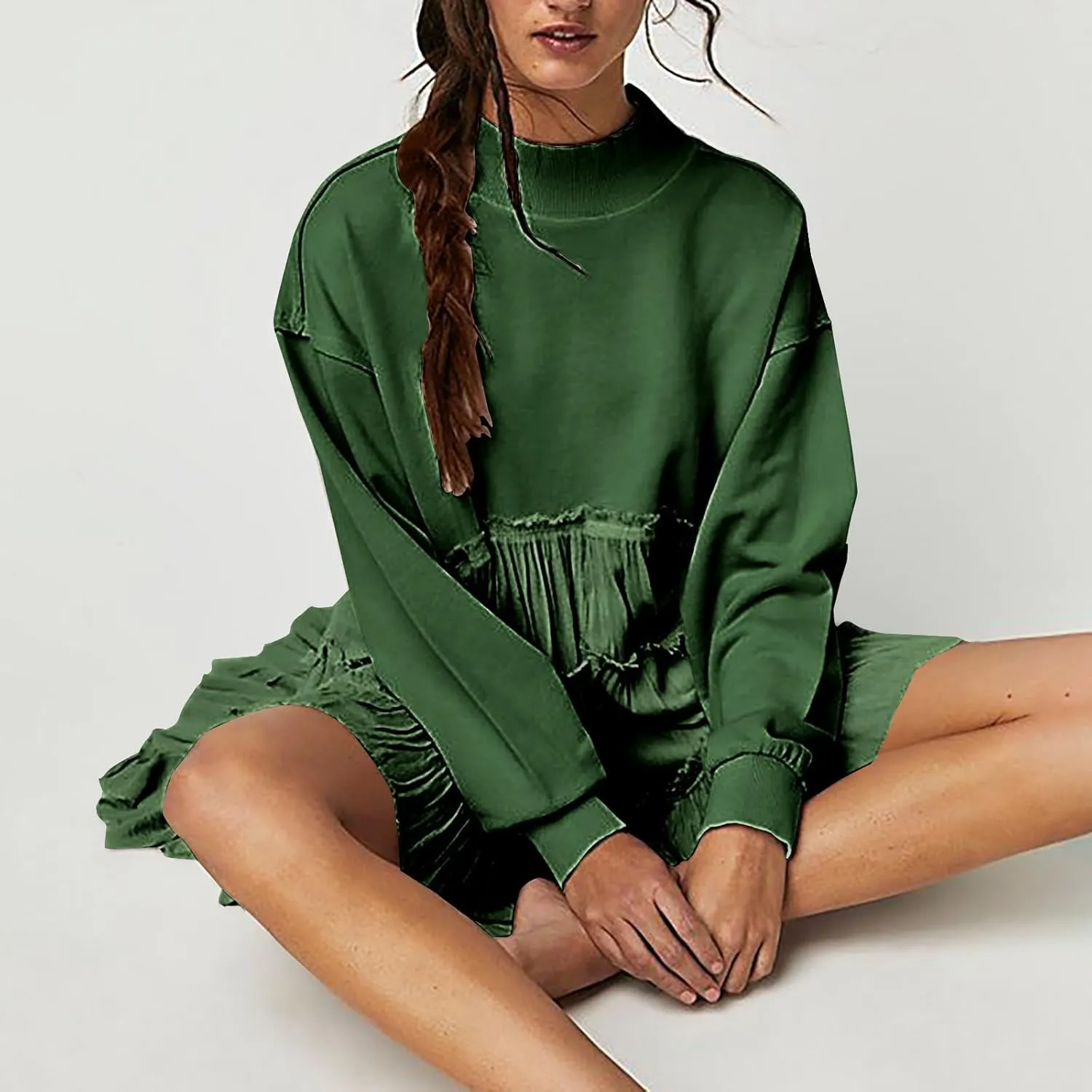 Firzero Womens Oversized Sweatshirt Dress Patchwork Long Sleeve Crewneck Pleated Mini Dresses 2024 Casual Pullover Tops