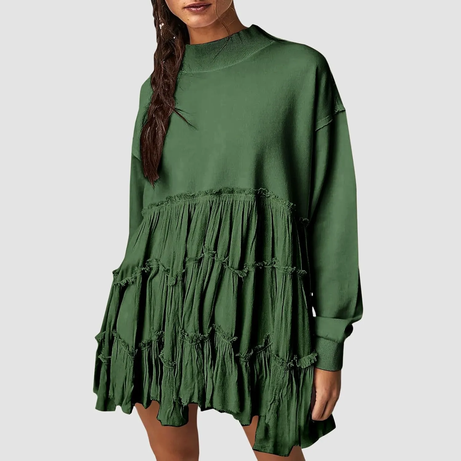 Firzero Womens Oversized Sweatshirt Dress Patchwork Long Sleeve Crewneck Pleated Mini Dresses 2024 Casual Pullover Tops