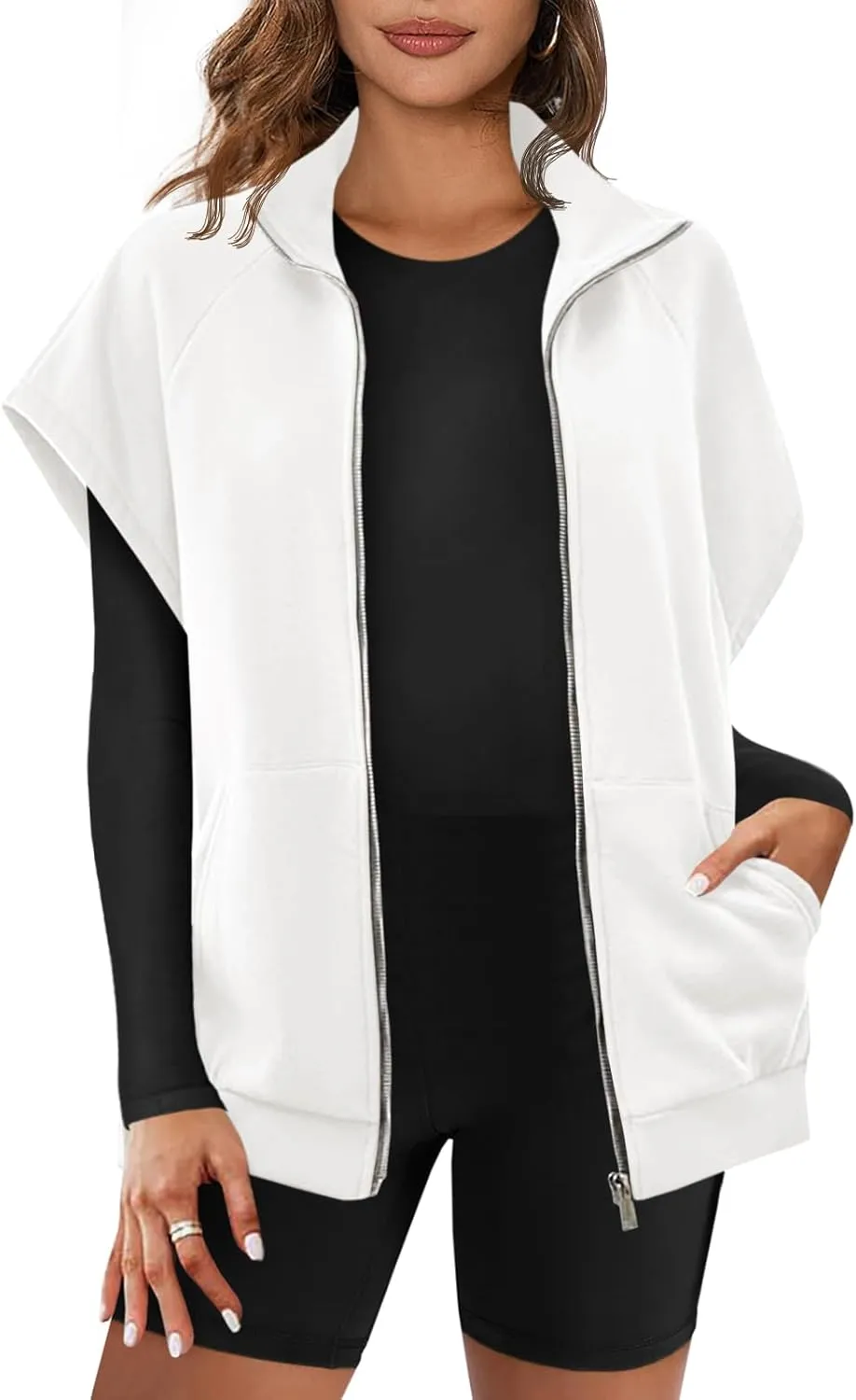 Fisoew Womens Oversized Zip Up Sweatshirts Warm Fleece Vests Fall Casual Sleeveless Jackets with Pockets