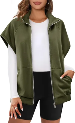 Fisoew Womens Oversized Zip Up Sweatshirts Warm Fleece Vests Fall Casual Sleeveless Jackets with Pockets