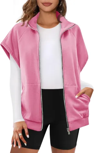 Fisoew Womens Oversized Zip Up Sweatshirts Warm Fleece Vests Fall Casual Sleeveless Jackets with Pockets